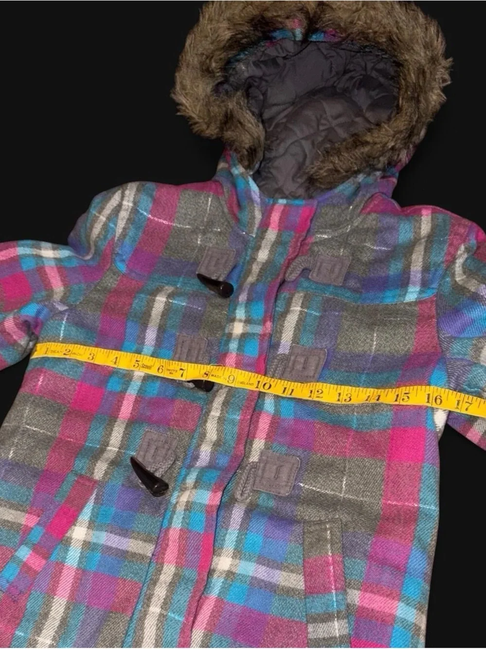 Y2K pink and grey plaid quilted jacket with faux fur hood